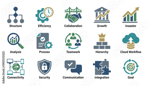 Comprehensive set of modern business icons depicting key concepts for corporate strategy, including teamwork, growth, security, connectivity, and process management