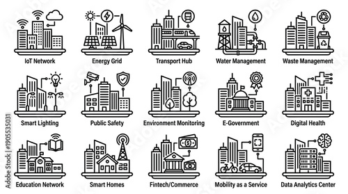 Collection of smart city line icons representing urban technology, infrastructure, and services like IoT, energy, transport, health, and public safety in a minimalist vector style