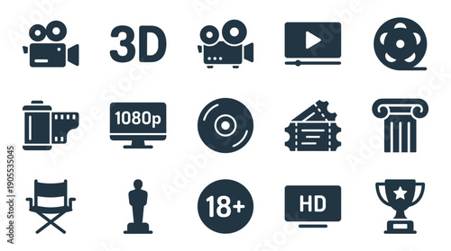 Collection of dark blue cinema glyph icons for filmmaking and movie entertainment, including a camera, film reel, tickets, award statuette, and director's chair