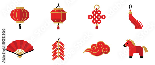 Traditional Asian festival decoration icon set featuring red paper lanterns, a lucky knot, firecrackers, a folding fan, and a horse in a modern flat design style