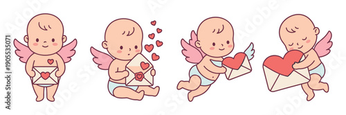 Cute baby cupid character set with pink wings holding love letters and hearts for Valentine's Day, a charming hand-drawn illustration collection in various adorable poses