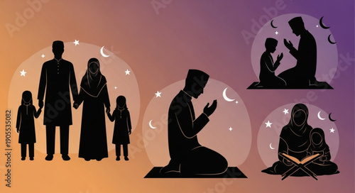 Islamic Family Praying and Holding Hands Silhouette.
