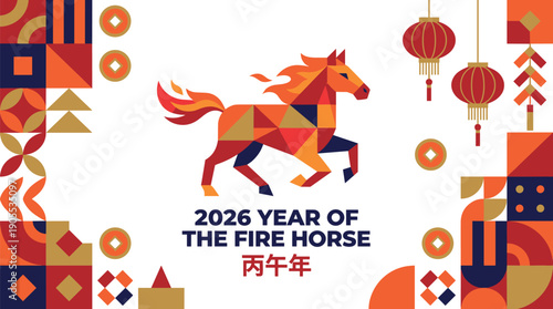 Stylized Fire Horse illustration for the 2026 Chinese New Year celebration, featuring festive lanterns, lucky coins, and modern geometric oriental patterns