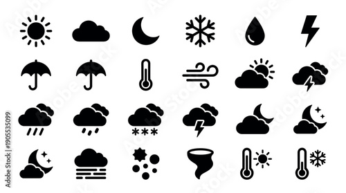 Set of twenty-four black weather condition symbols representing sun, cloud, rain, snow, wind, and temperature in a clean, minimalist glyph style for user interface design