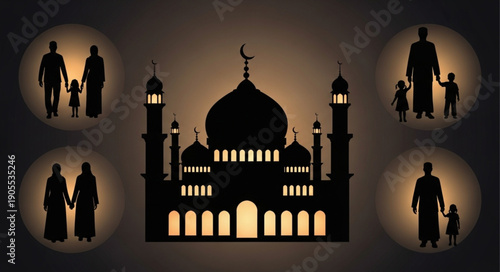 Islamic Family Silhouettes Around a Mosque Illustration.