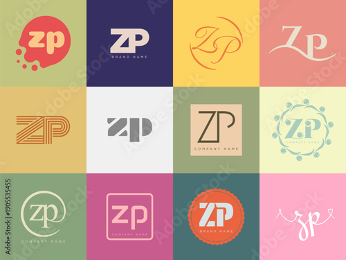ZP logo company template. Letter z and p logotype. Set different classic serif lettering and modern bold text with design elements. Initial font typography.