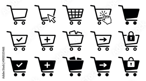 Set of black shopping cart icons for e-commerce and online retail, including symbols for add to cart, checkout, secure payment, and purchase confirmation in a flat vector style