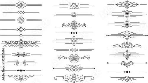 Vector set of black ornate text dividers, calligraphic page separators, vintage scroll elements, decorative flourishes isolated on white