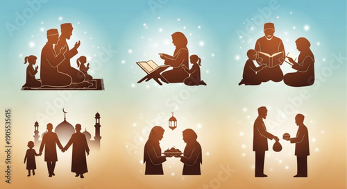 Islamic Family Traditions and Religious Practices Silhouette Collection.