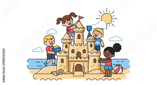 Children joyfully construct an elaborate sandcastle on a sunny beach showcasing youthful creativity silhouette high quality professional detailed modern elegant stylish