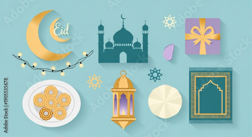 Islamic holiday celebration elements arranged on a blue background.