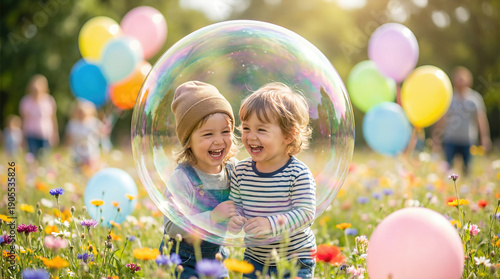 Wallpaper Mural Joyful children laugh together inside iridescent soap bubble in wildflower meadow with balloons. Magical childhood moment happiness, friendship and carefree play during outdoor party celebration. Torontodigital.ca