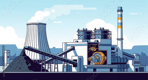 Industrial Power Plant with Cooling Tower and Smokestack.