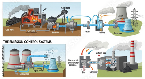 Industrial power plant diagram showing emission control systems.