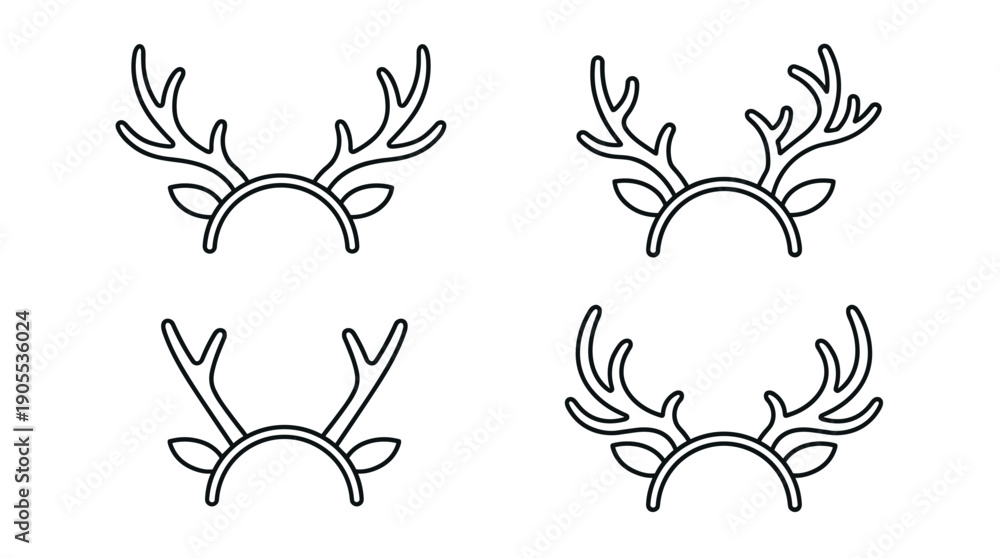 Obraz premium Four black line art reindeer antler headbands with small ears are shown in a simple, minimalist icon set for Christmas holiday costume parties and festive celebrations