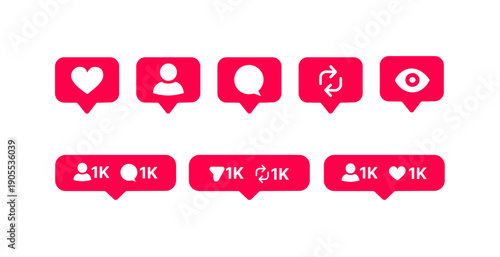 Social Media Notification and Engagement Icons Set, Like, Follow, Comment, Repost, View with Counter Badges for App and Web UI Design