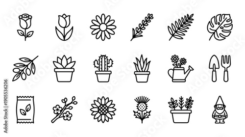 Set of black line art icons for gardening and plants, including a rose, tulip, cactus, sunflower, monstera leaf, watering can, garden tools, and a gnome in a simple style