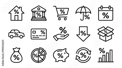 Black linear icon set with percentage symbols illustrating financial and business themes like banking, credit, investment, discounts, and economic growth in a clean vector style