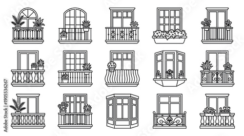 Collection of black and white balcony icons with various architectural styles, including classic wrought iron railings, modern designs, and decorative potted plants and flowers