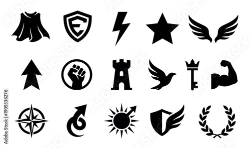 Diverse collection of black graphic symbols representing concepts of power, heroism, leadership, and victory, including a shield, wings, fist, and laurel wreath