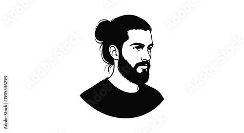 A striking black and white portrait depicts a man with a beard and topknot hairstyle silhouette high quality professional detailed modern elegant