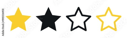 Set of four different star icons for rating systems, featuring yellow and black solid shapes and outlined versions for user interface design and customer feedback
