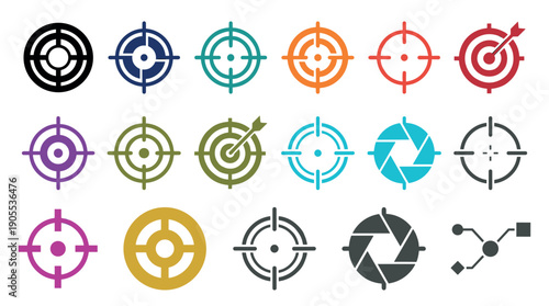 Diverse collection of colorful target, crosshair, and focus icons in a minimalist flat vector style representing goals, accuracy, and strategic objectives