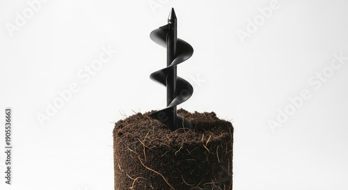 Black auger drill bit in soil, closeup, studio shot