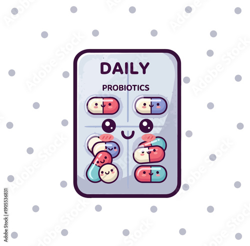 Cute daily probiotics blister pack character vector illustration health design