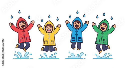 Four joyful children in colorful raincoats leap and play during a rainy day a vibrant silhouette high quality professional detailed modern elegant