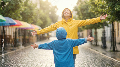 Mother and child enjoying rainy weather outdoors in raincoats with arms outstretched. Joyful family moment during rainfall on urban street with umbrella in background.