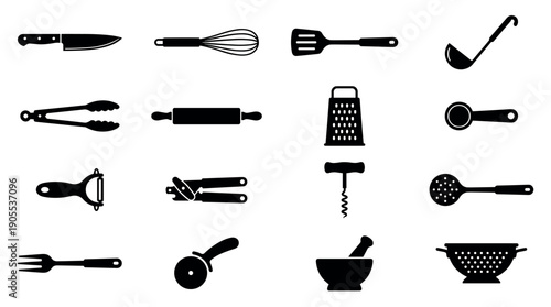 Large set of black kitchen utensils and cooking tools presented as a collection of minimalist silhouette icons for culinary and gastronomy concepts