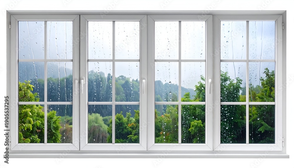 Fototapeta premium Rain-streaked window panes reveal a green, leafy landscape with hills beyond, seen through a bright white frame