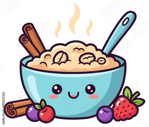 Cute Kawaii Smiling Bowl of Hot Oatmeal Porridge with Berries and Cinnamon