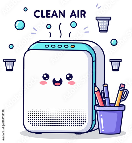 Cute Air Purifier Vector Illustration Kawaii Smiling Electronic Appliance