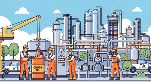 Industrial workers operating heavy machinery at a factory complex.