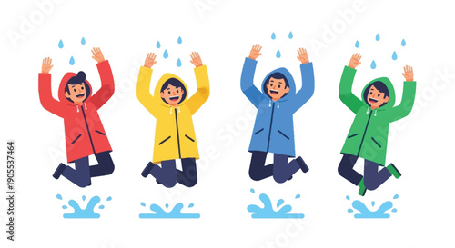 Four joyful people in colorful raincoats jumping with arms raised enjoying a rainy day silhouette high quality professional detailed modern elegant stylish