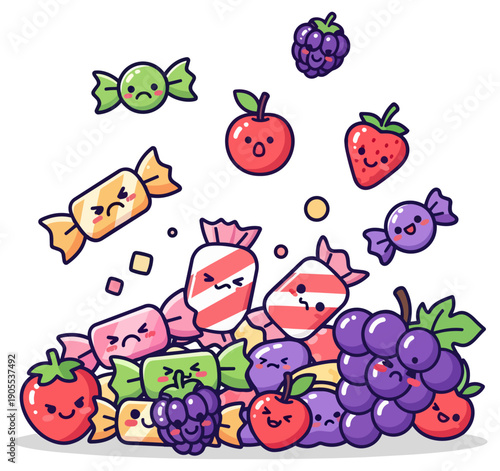 Kawaii Candy and Fresh Fruit Pile Cute Cartoon Character Vector Art