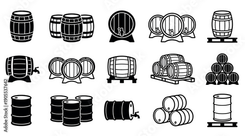 Black barrel and cask icon collection featuring various wooden and metal containers for wine, beer, or oil, presented in a clean, minimalist vector silhouette style