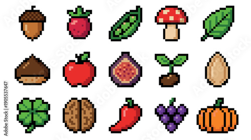 Collection of pixel art food and nature icons featuring fruits, vegetables, and nuts in a retro 8-bit video game style for graphic design elements
