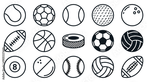 Collection of various sports ball icons drawn in a minimalist black and white line art style including soccer, football, basketball, tennis, and baseball equipment