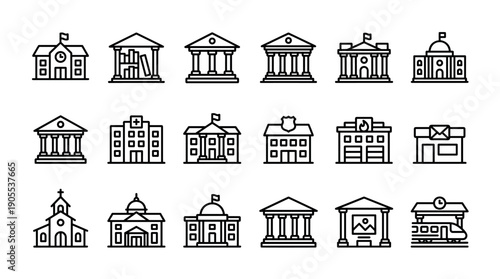 Large collection of public building line icons representing government, municipal, and community services like school, hospital, courthouse, and bank in a minimalist style