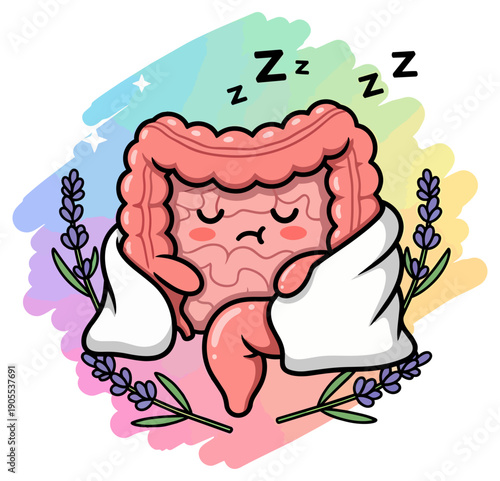 Cute intestine character sleeping comfortably wrapped in blanket with lavender