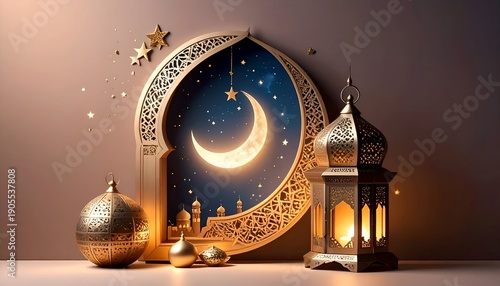 Ramadan-themed image featuring gold decorations, a crescent moon, stars and lantern against a muted background