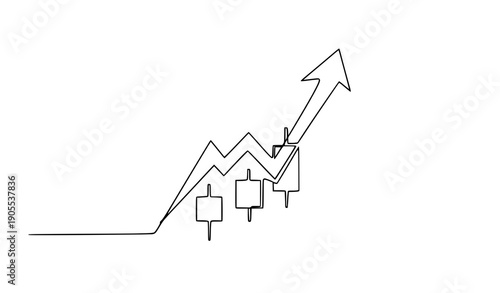 Finance stock market arrow and candlestick continuous line minimalist vector illustration