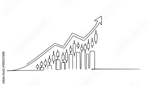 Rising stock market candlestick arrow continuous line art minimalist vector illustration
