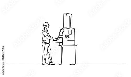 Industrial machinery operator continuous line art factory vector illustration