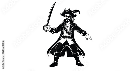 A striking black and white illustration depicts a classic pirate holding a curved sword showcasing a bold silhouette high quality professional detailed