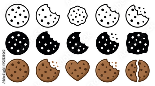 Collection of chocolate chip cookie icons in line art, silhouette, and color styles showing whole, bitten, broken, and heart-shaped biscuits for graphic design elements