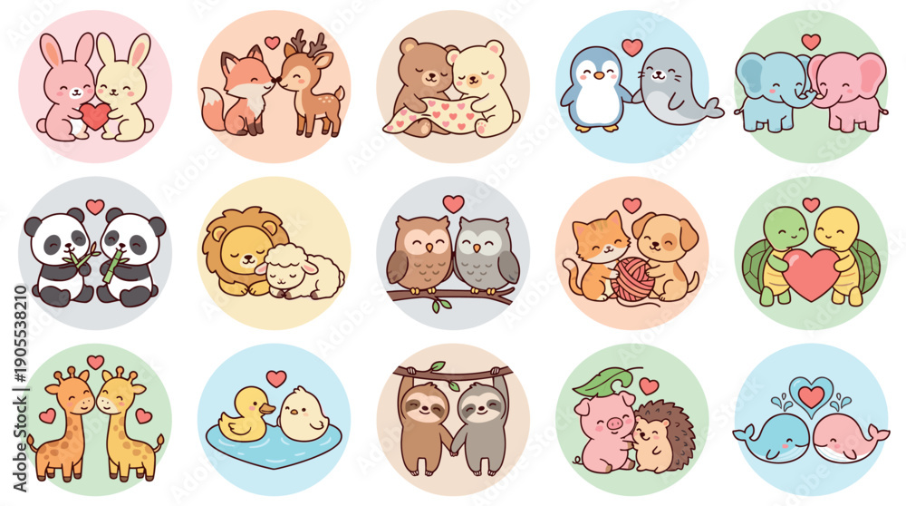 Naklejka premium Large collection of cute cartoon animal couples in love, an adorable kawaii style sticker set with various species like pandas, foxes, bears, and sloths for Valentine's Day